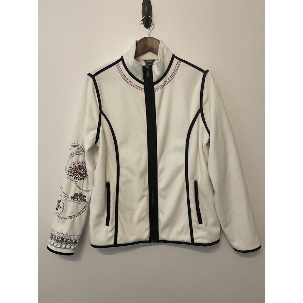 Eddie Bauer Off White Fleece Zip Up Jacket Snowflake Geometric Embroidered XL
